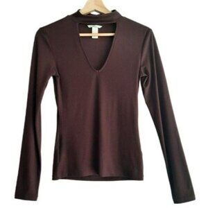 H&M Mock Neck Cut-out Fitted Long Sleeve Top Burgundy Sz XS